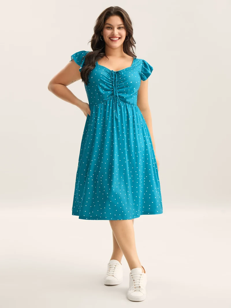 Dot Print Ruched Drawstring Midi Dress
