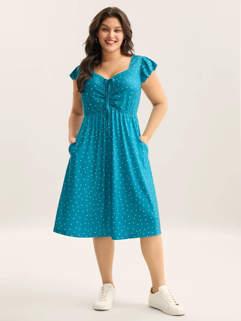 Dot Print Ruched Drawstring Midi Dress