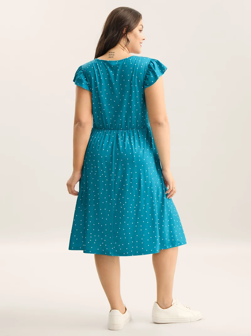 Dot Print Ruched Drawstring Midi Dress