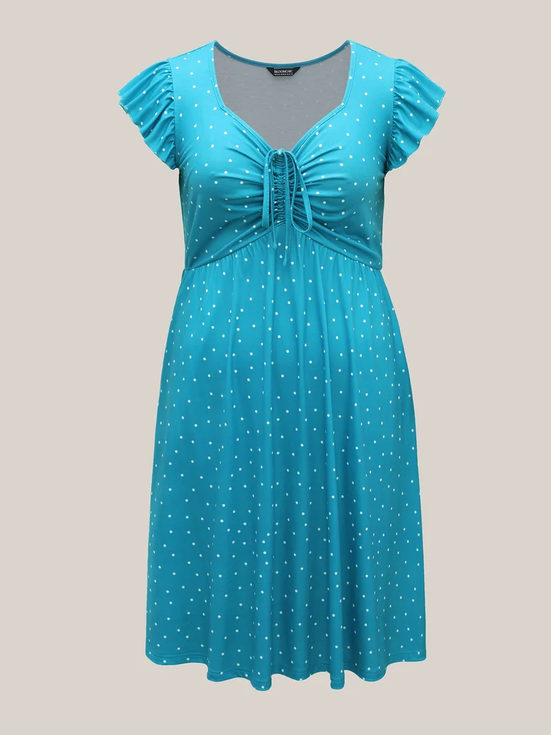 Dot Print Ruched Drawstring Midi Dress