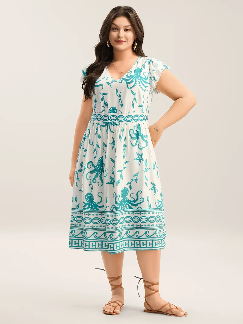 Geometric Print V Neck Midi Dress