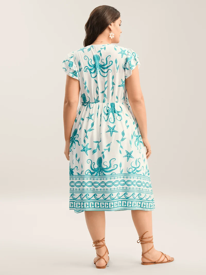 Geometric Print V Neck Midi Dress