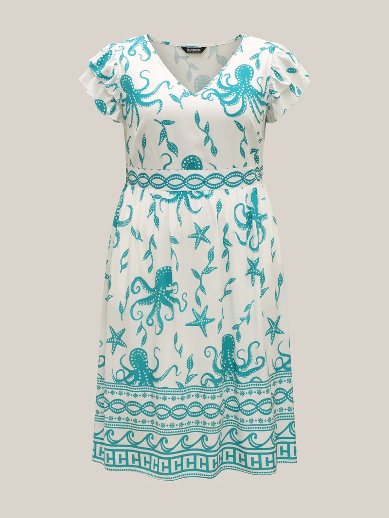 Geometric Print V Neck Midi Dress