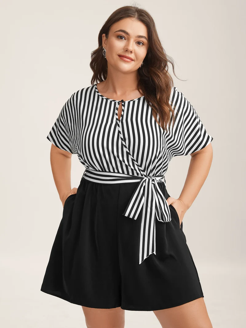 Stripe Print Belted Pockets Romper