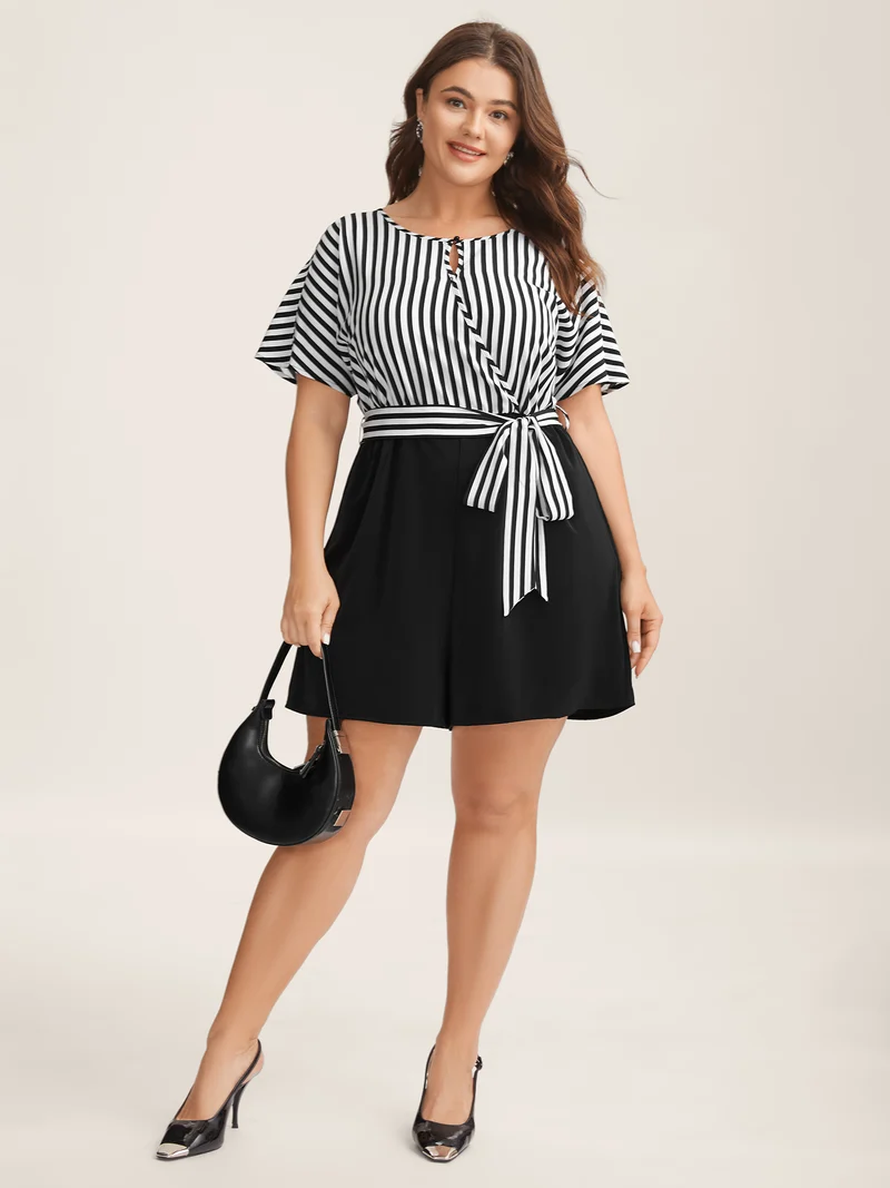 Stripe Print Belted Pockets Romper