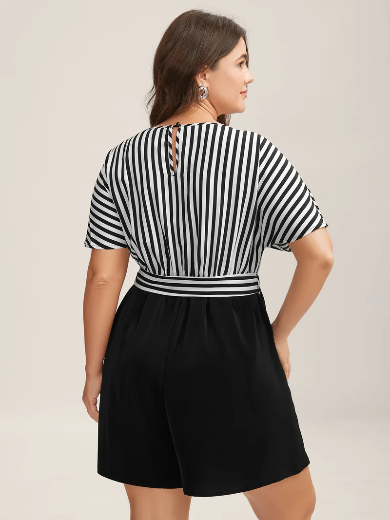 Stripe Print Belted Pockets Romper