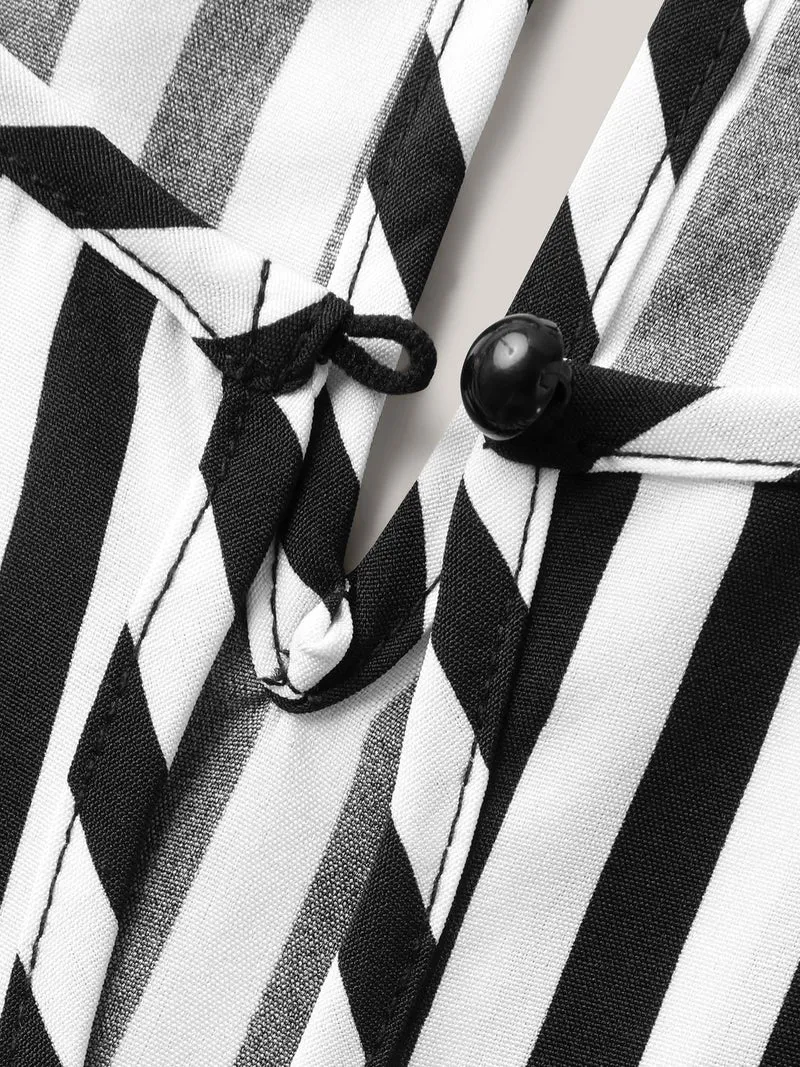Stripe Print Belted Pockets Romper