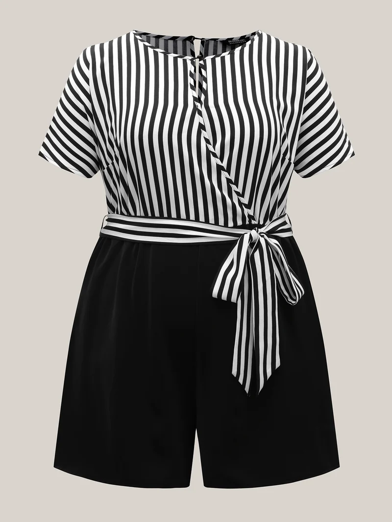 Stripe Print Belted Pockets Romper