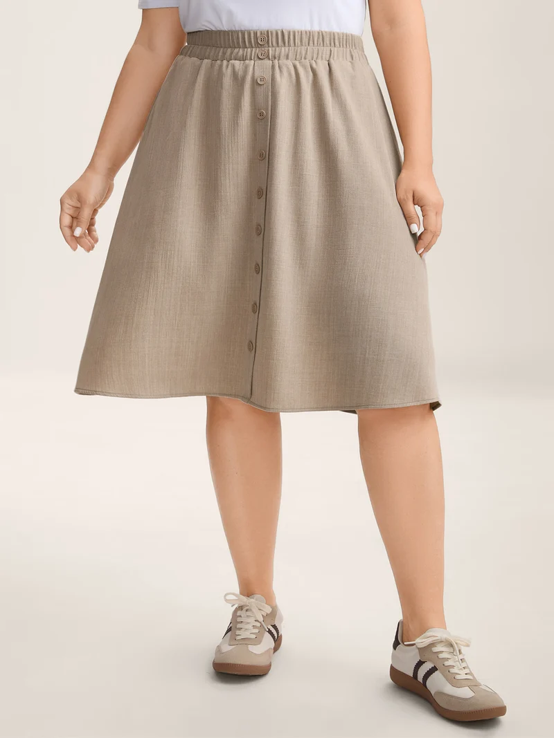 Button Detail Textured A-Line Midi Skirt