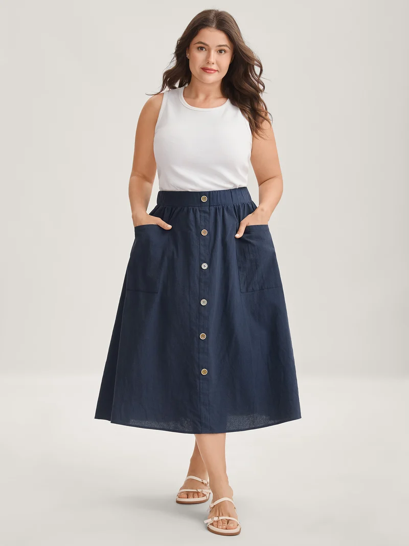 Solid Button Detail Midi Skirt