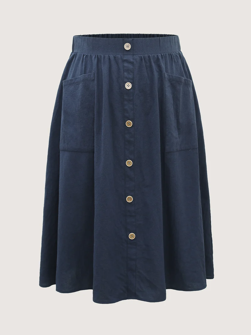 Solid Button Detail Midi Skirt