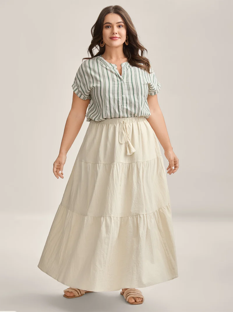 Stretchy Waist Drawstring Tiered Maxi Skirt