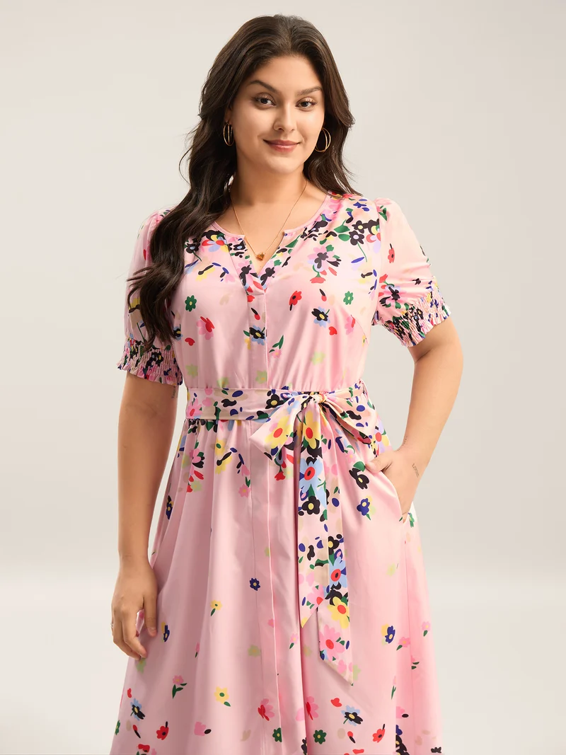 Floral Print Elastic Cuffs Belted Midi Dress