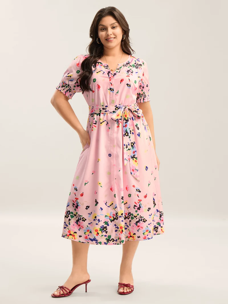 Floral Print Elastic Cuffs Belted Midi Dress