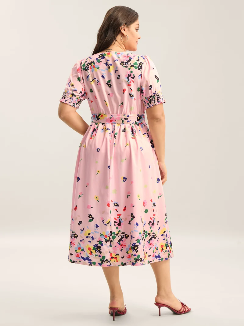 Floral Print Elastic Cuffs Belted Midi Dress