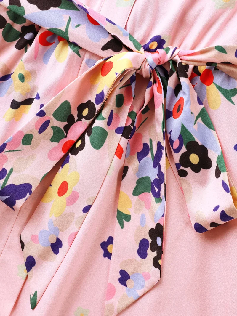 Floral Print Elastic Cuffs Belted Midi Dress