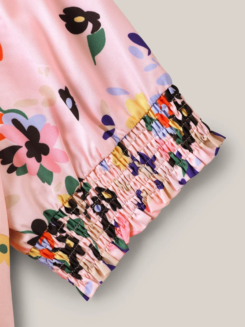 Floral Print Elastic Cuffs Belted Midi Dress