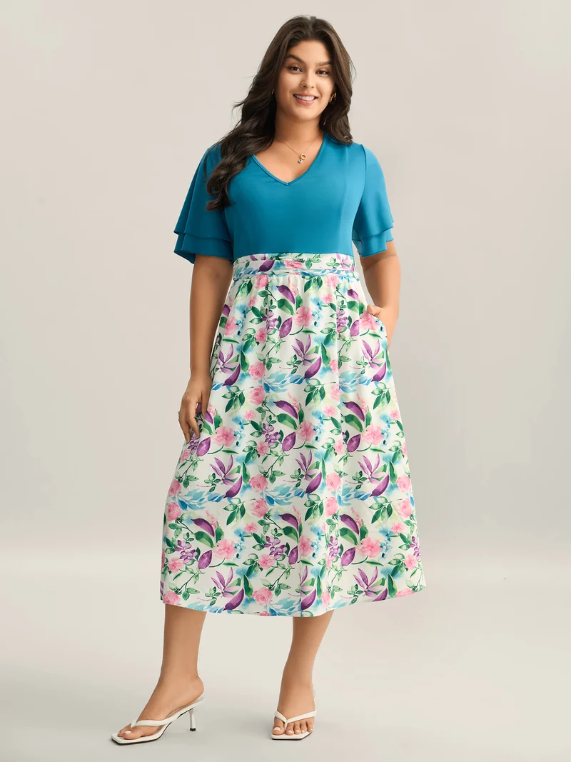 Floral Print Layered Stretchy Waist Midi Dress