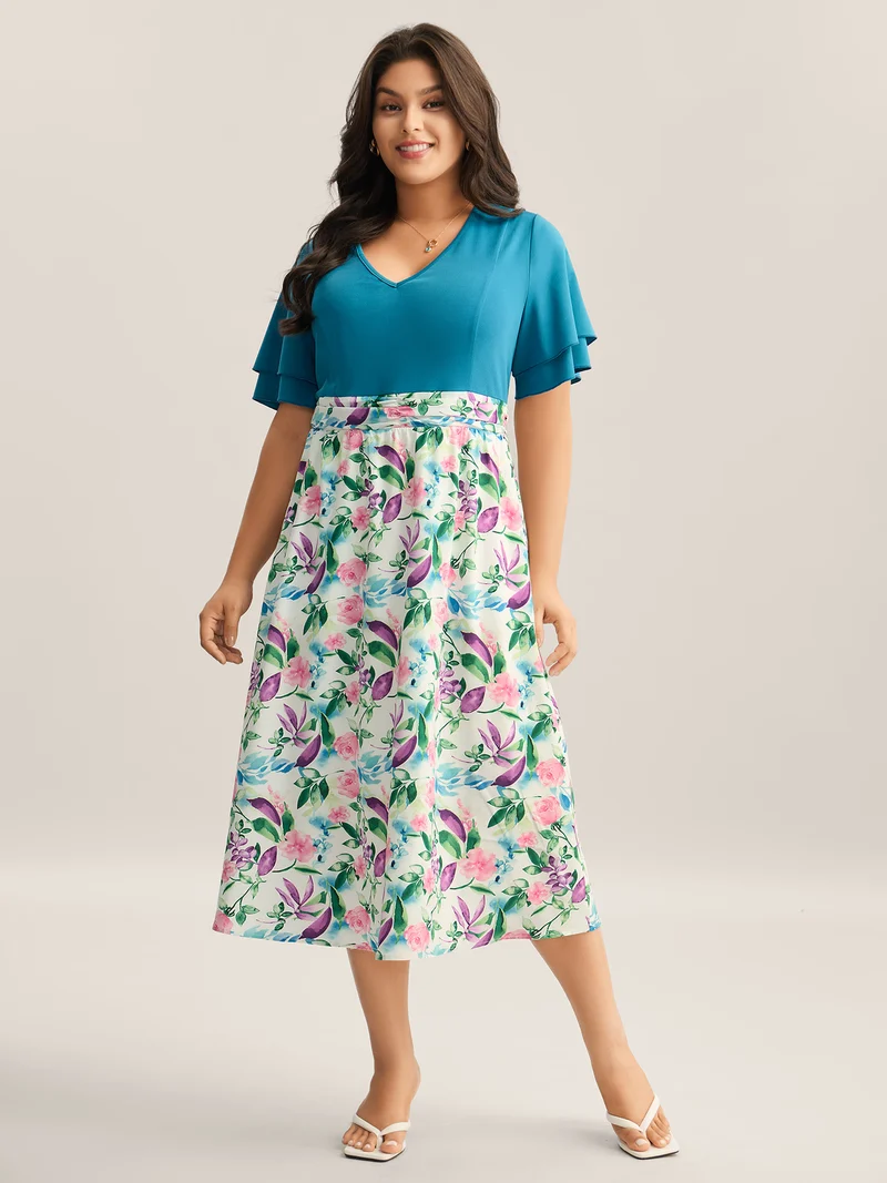 Floral Print Layered Stretchy Waist Midi Dress