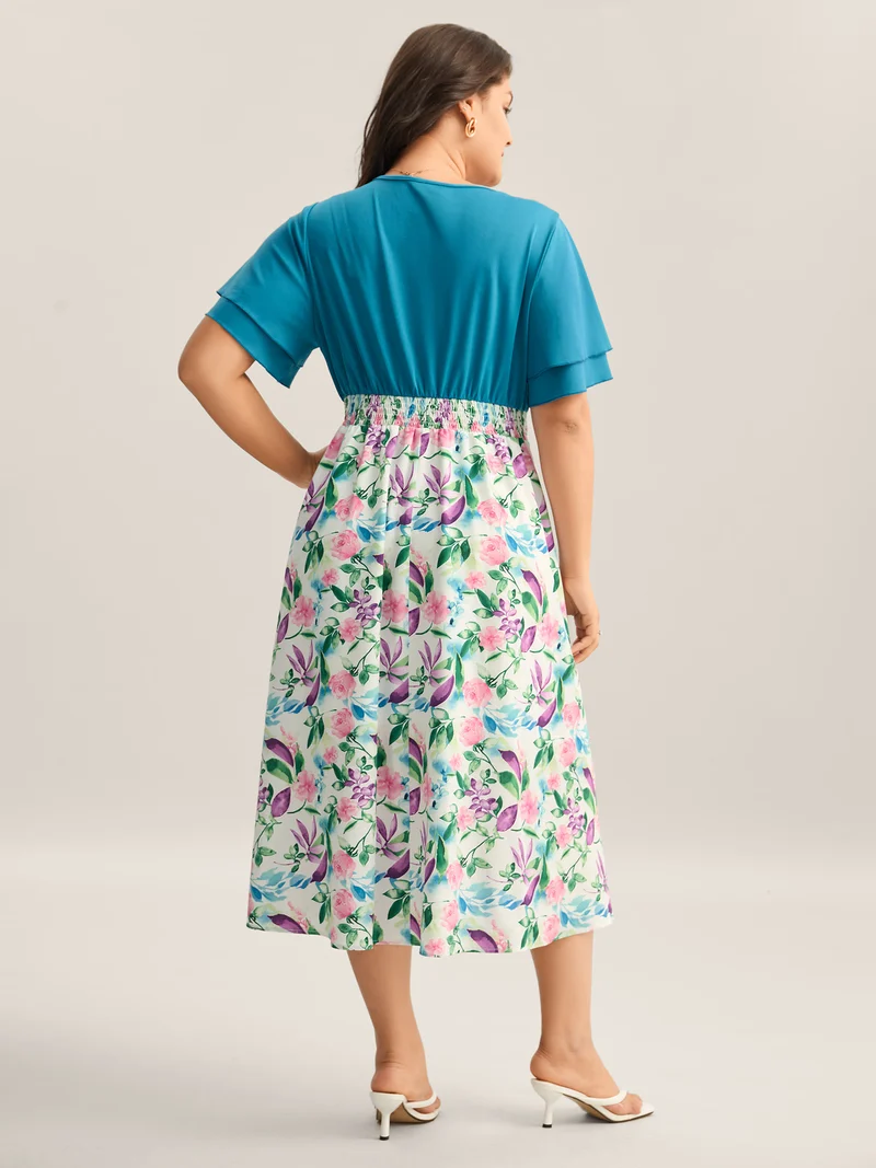 Floral Print Layered Stretchy Waist Midi Dress