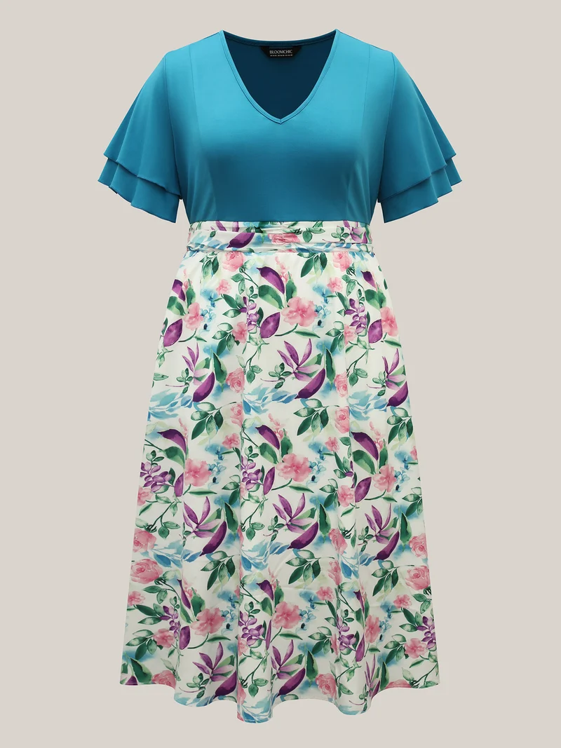 Floral Print Layered Stretchy Waist Midi Dress