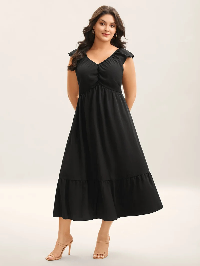 Ruched Pleated Plain Flutter Sleeve Maxi Dress