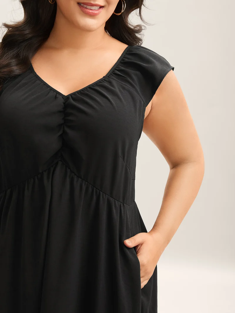 Ruched Pleated Plain Flutter Sleeve Maxi Dress