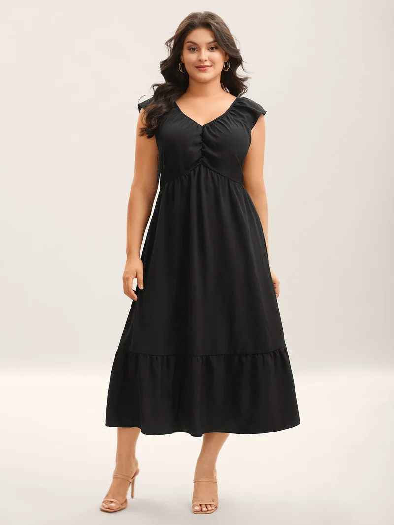 Ruched Pleated Plain Flutter Sleeve Maxi Dress