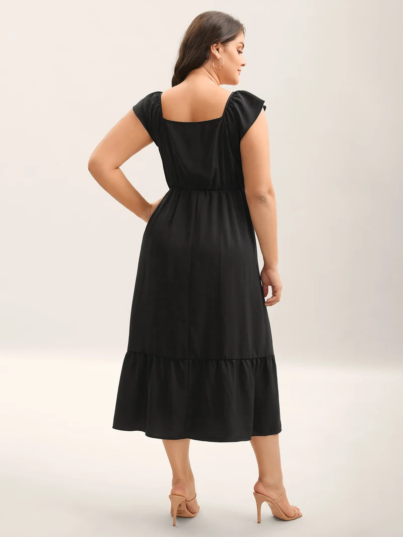 Ruched Pleated Plain Flutter Sleeve Maxi Dress