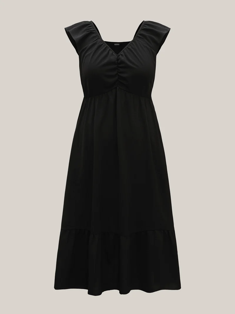 Ruched Pleated Plain Flutter Sleeve Maxi Dress