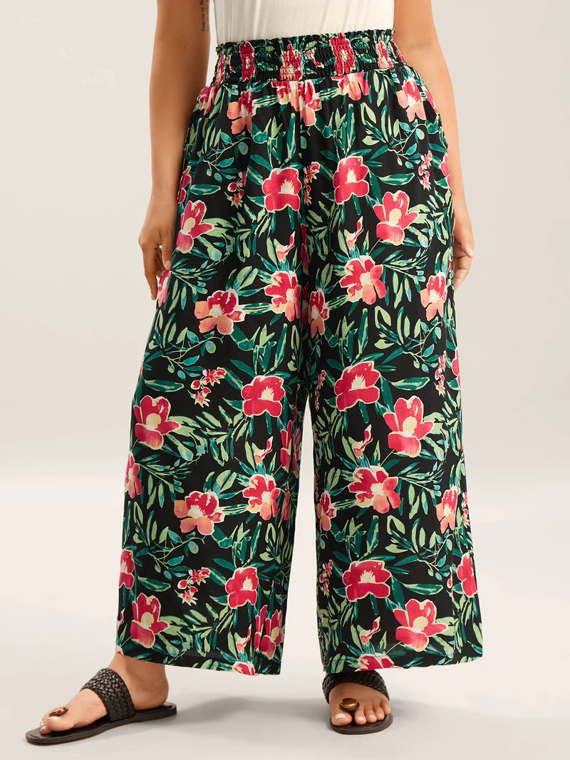 Rayon Tropical Floral Print Shirred Wide-Leg Pants
