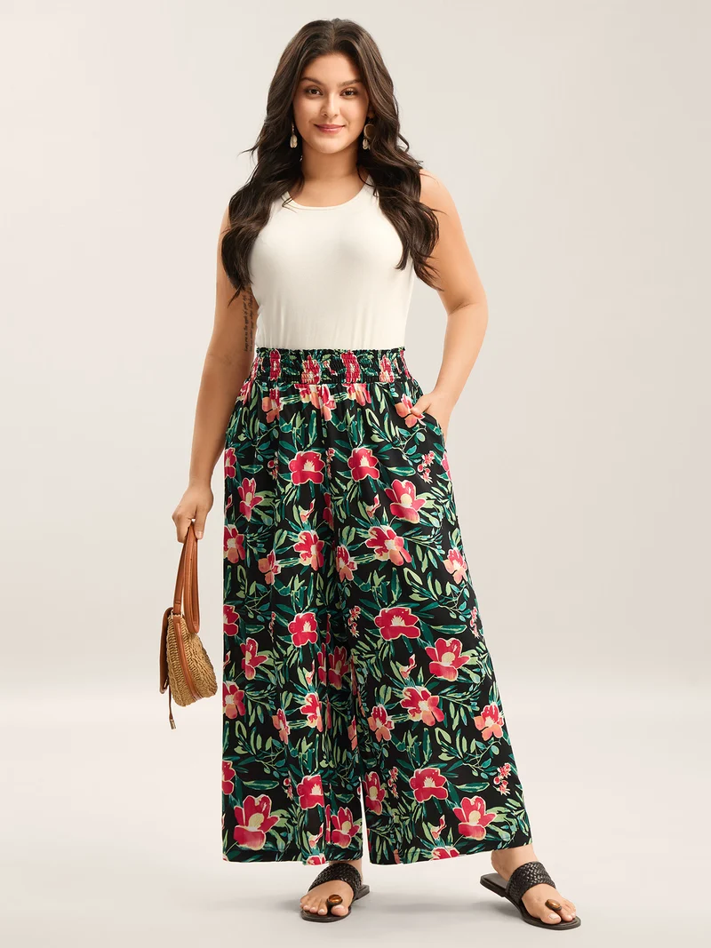 Rayon Tropical Floral Print Shirred Wide-Leg Pants