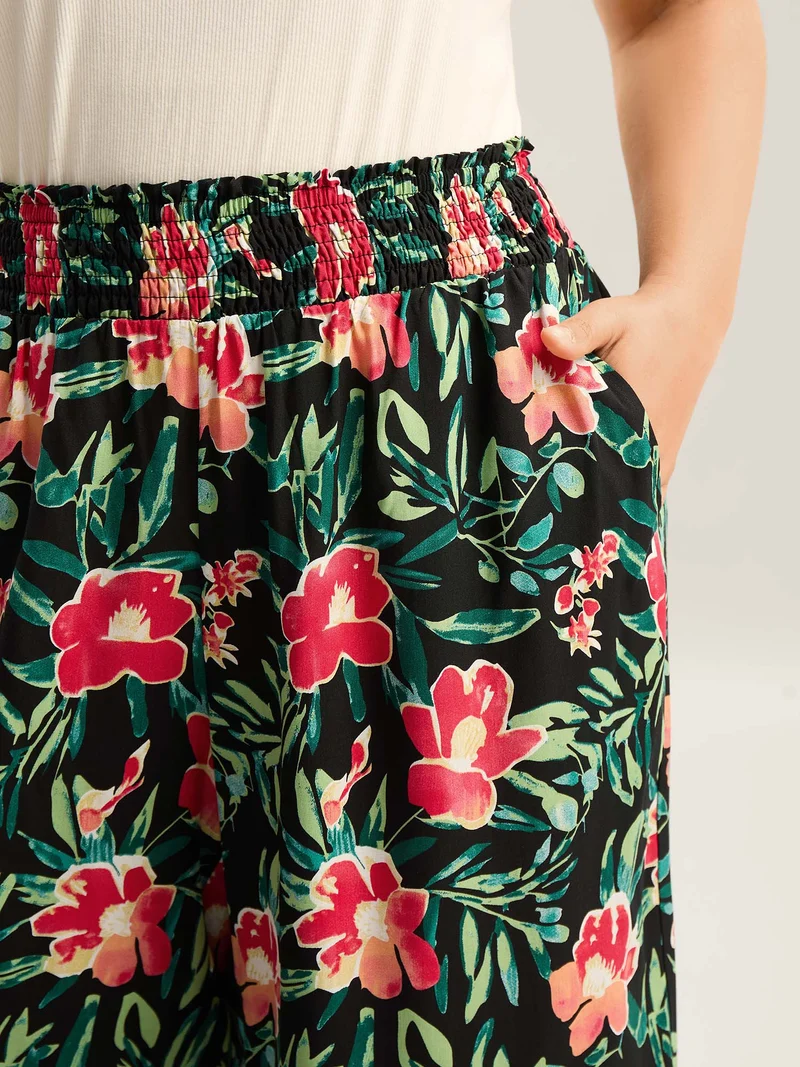Rayon Tropical Floral Print Shirred Wide-Leg Pants