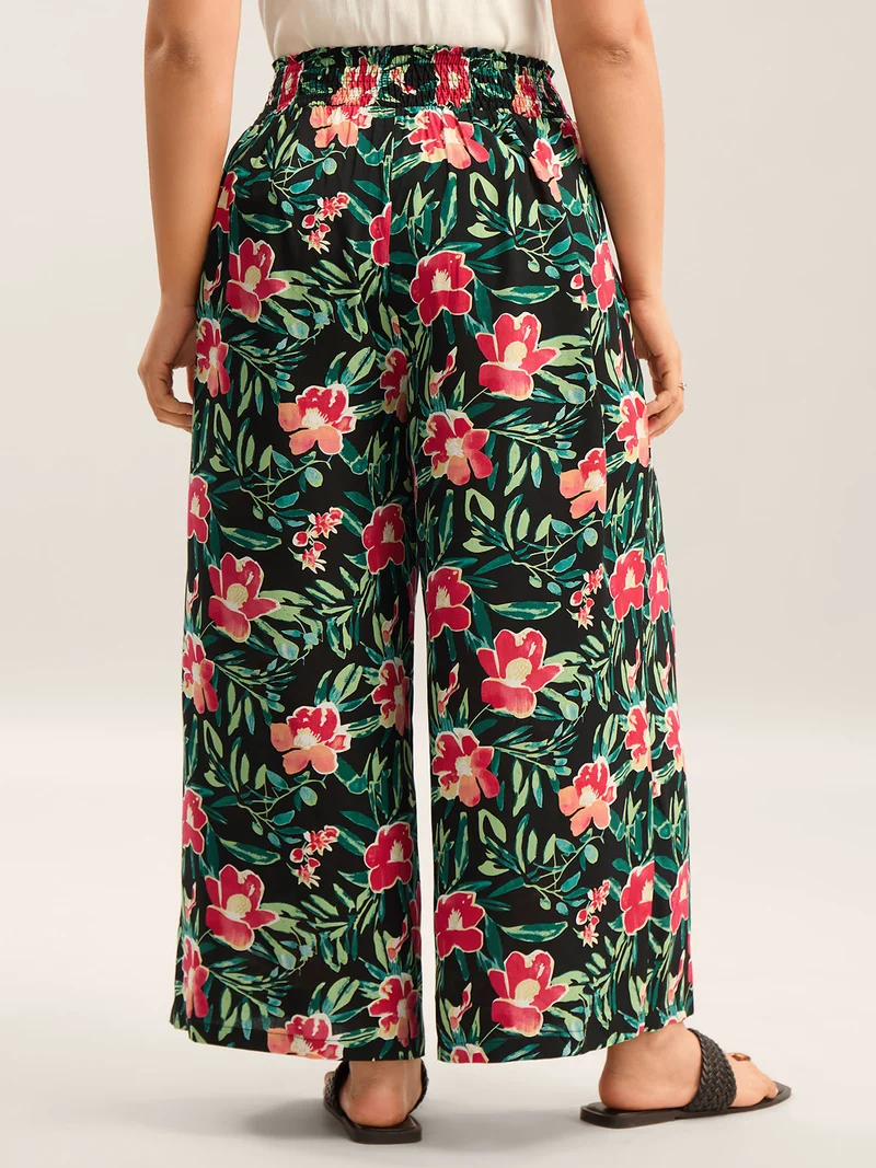 Rayon Tropical Floral Print Shirred Wide-Leg Pants