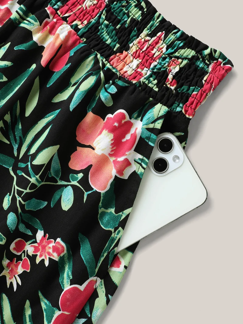 Rayon Tropical Floral Print Shirred Wide-Leg Pants