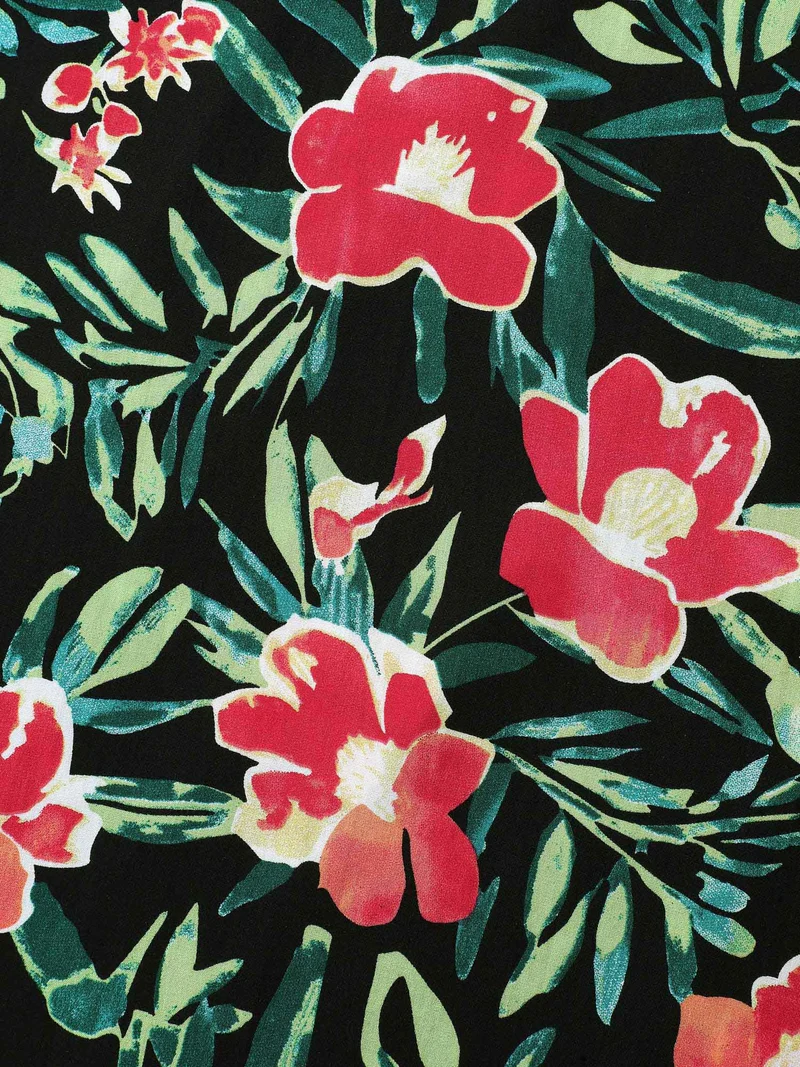 Rayon Tropical Floral Print Shirred Wide-Leg Pants