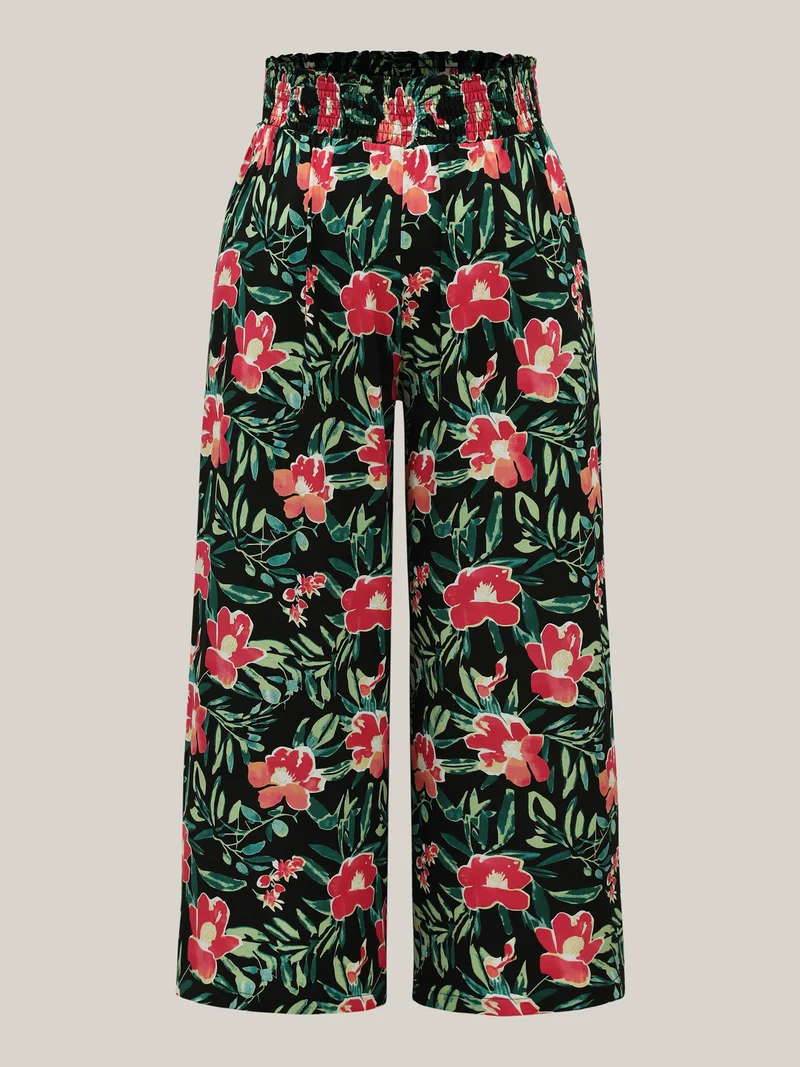 Rayon Tropical Floral Print Shirred Wide-Leg Pants