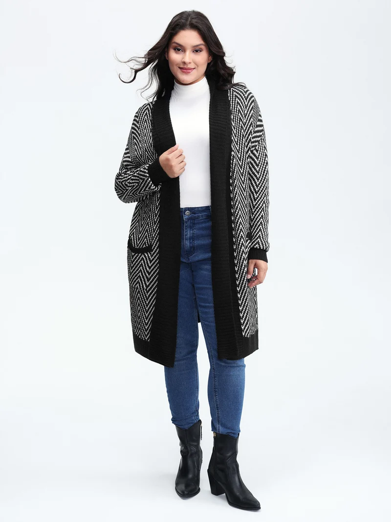 Geometric Pattern Pockets Open-Front Knit Cardigan