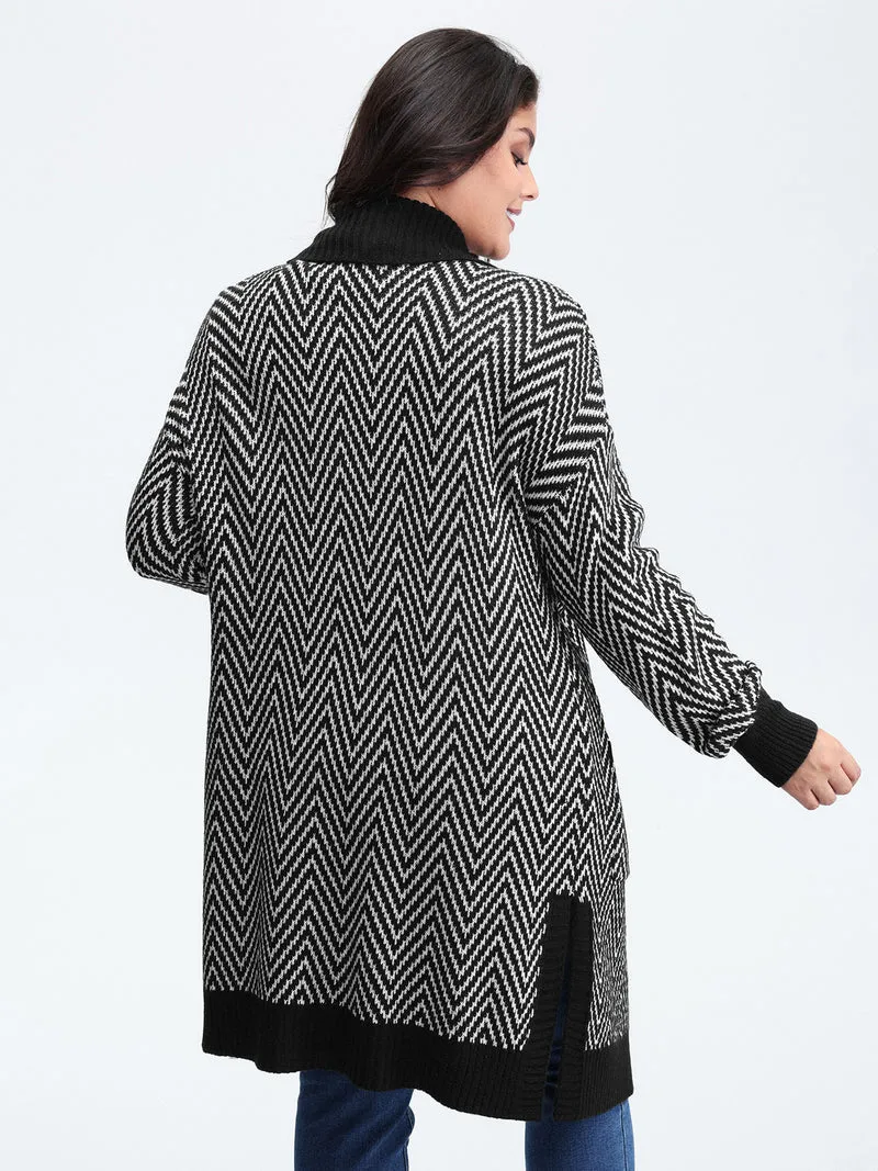 Geometric Pattern Pockets Open-Front Knit Cardigan