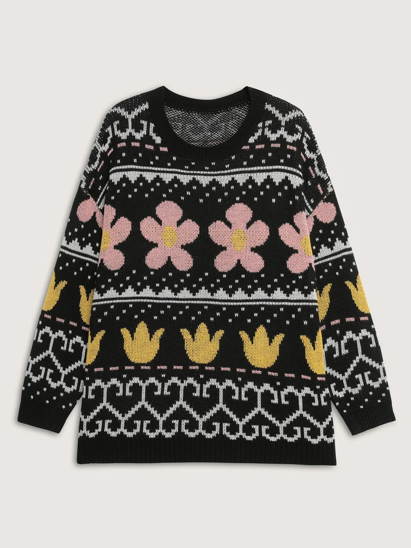 Jacquard Floral Garden Pattern Pullover