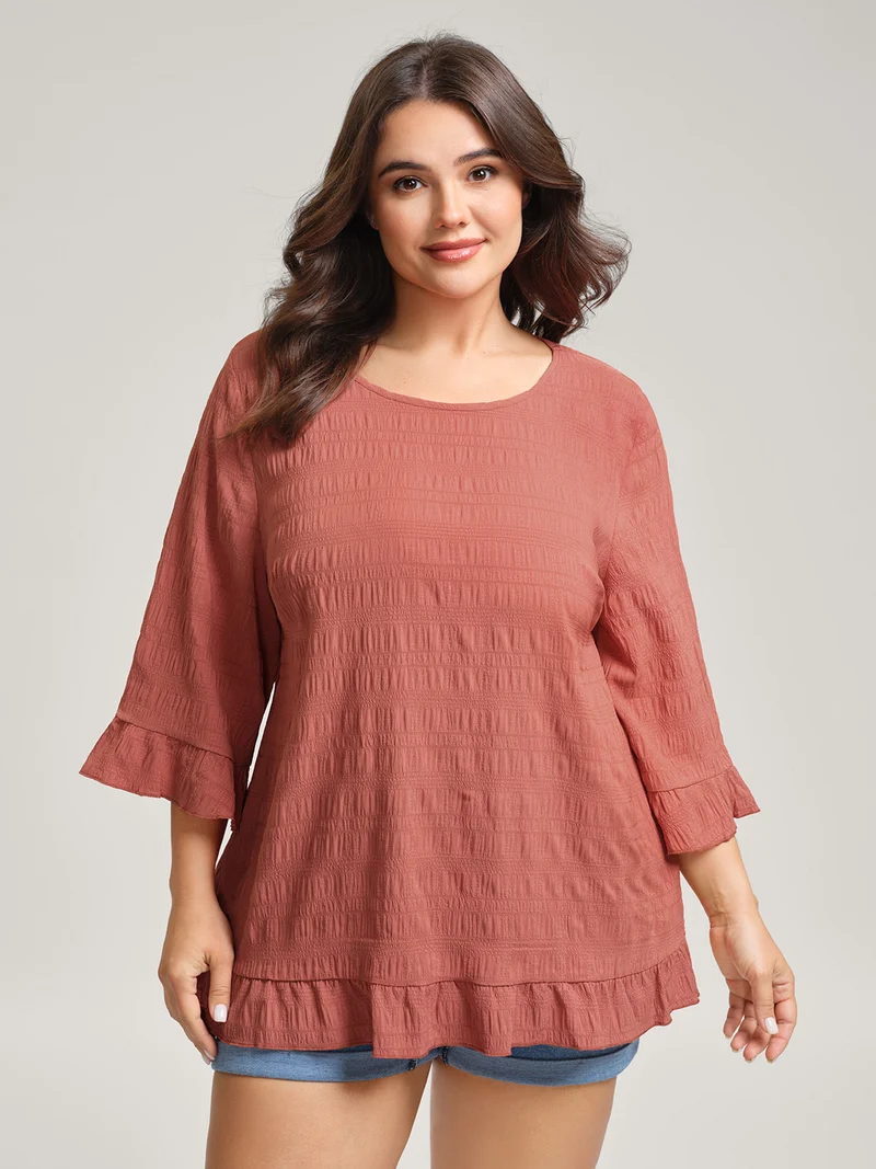 Textured Ruffled Edges Solid Blouse