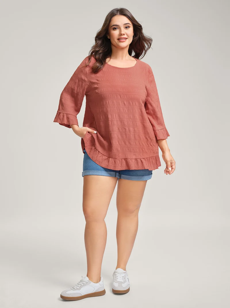 Textured Ruffled Edges Solid Blouse