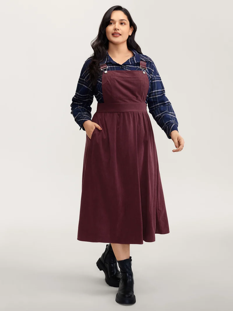 Corduroy Overall Straps Stretchy Back Midi Dress