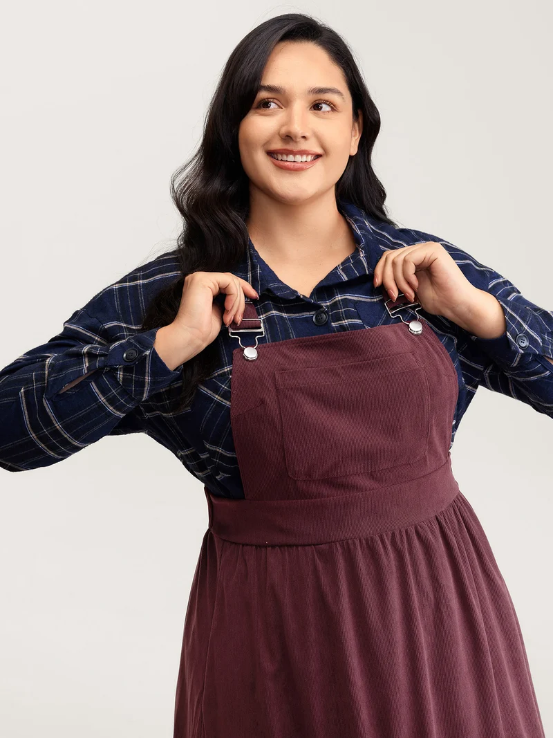 Corduroy Overall Straps Stretchy Back Midi Dress