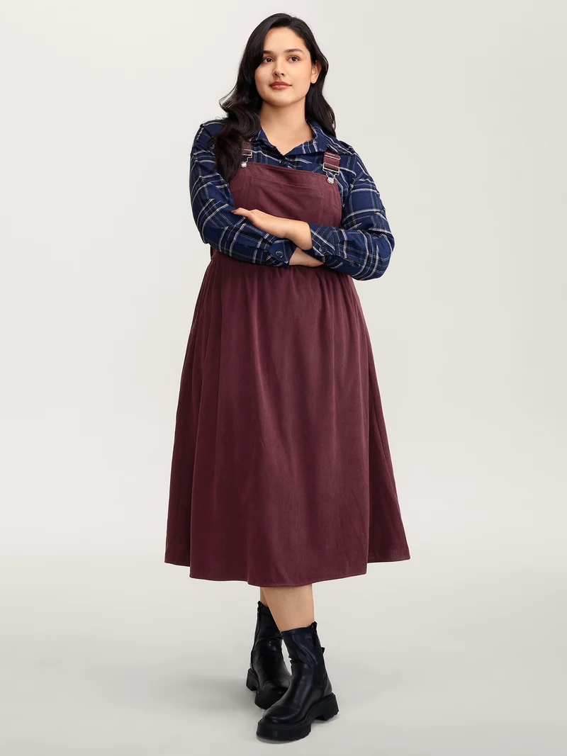 Corduroy Overall Straps Stretchy Back Midi Dress