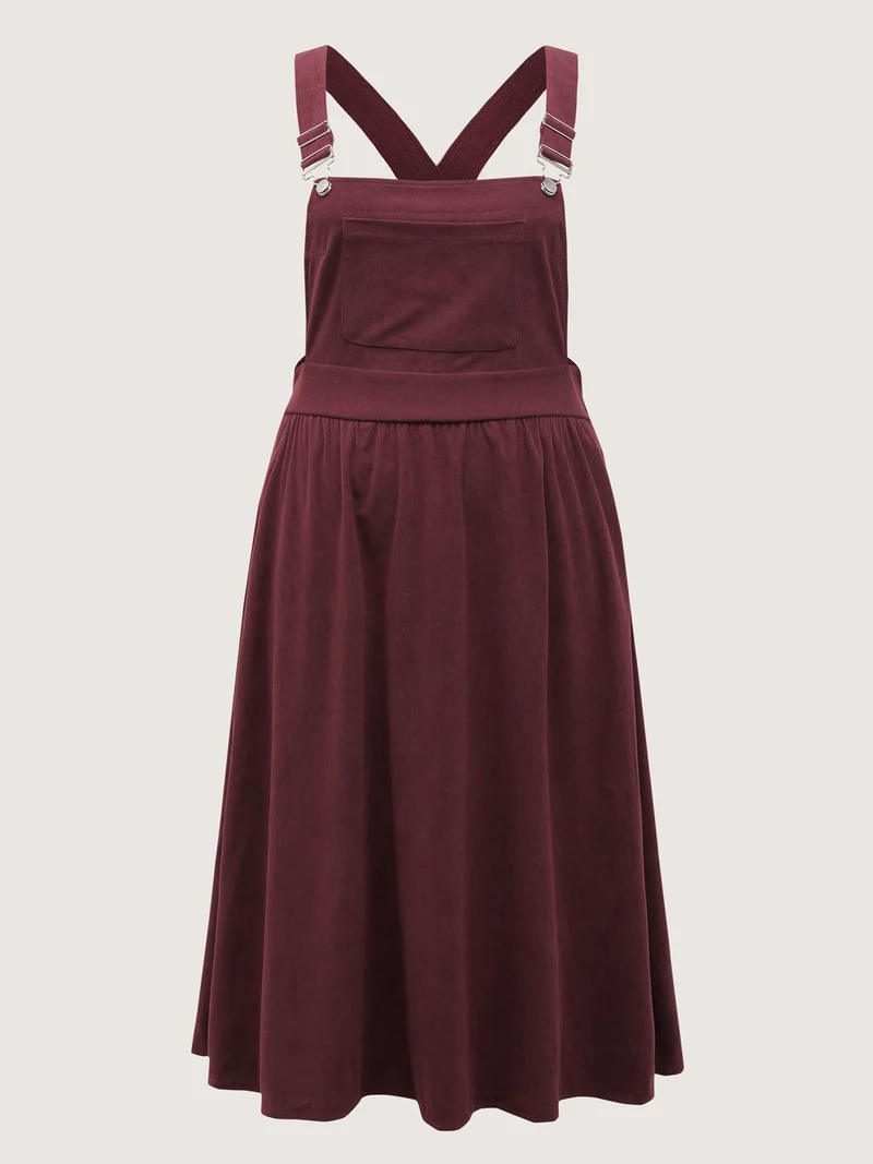 Corduroy Overall Straps Stretchy Back Midi Dress