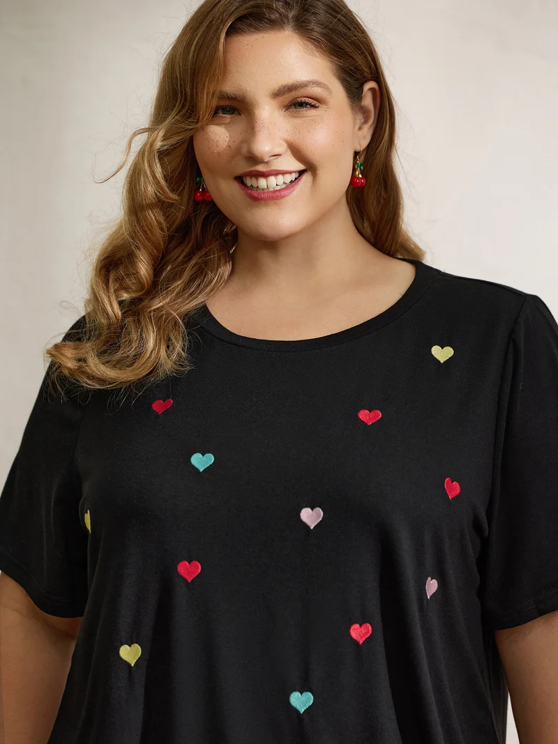 Embroidered Hearts Stretchy Round Neck T-Shirt