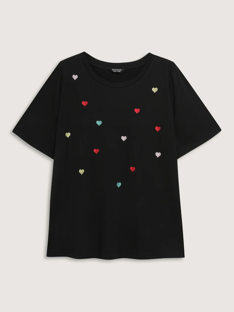 Embroidered Hearts Stretchy Round Neck T-Shirt