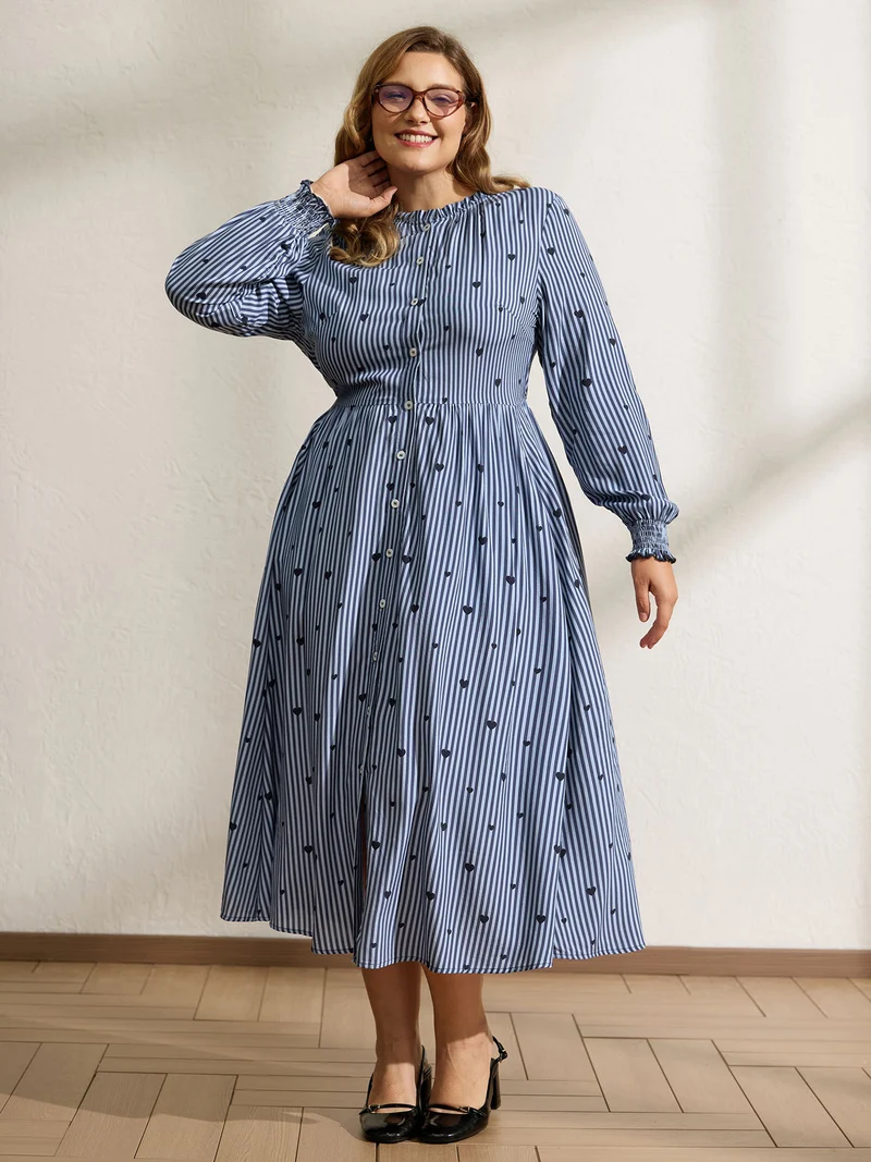 Stripe Hearts Pocket Shirt Maxi Dress
