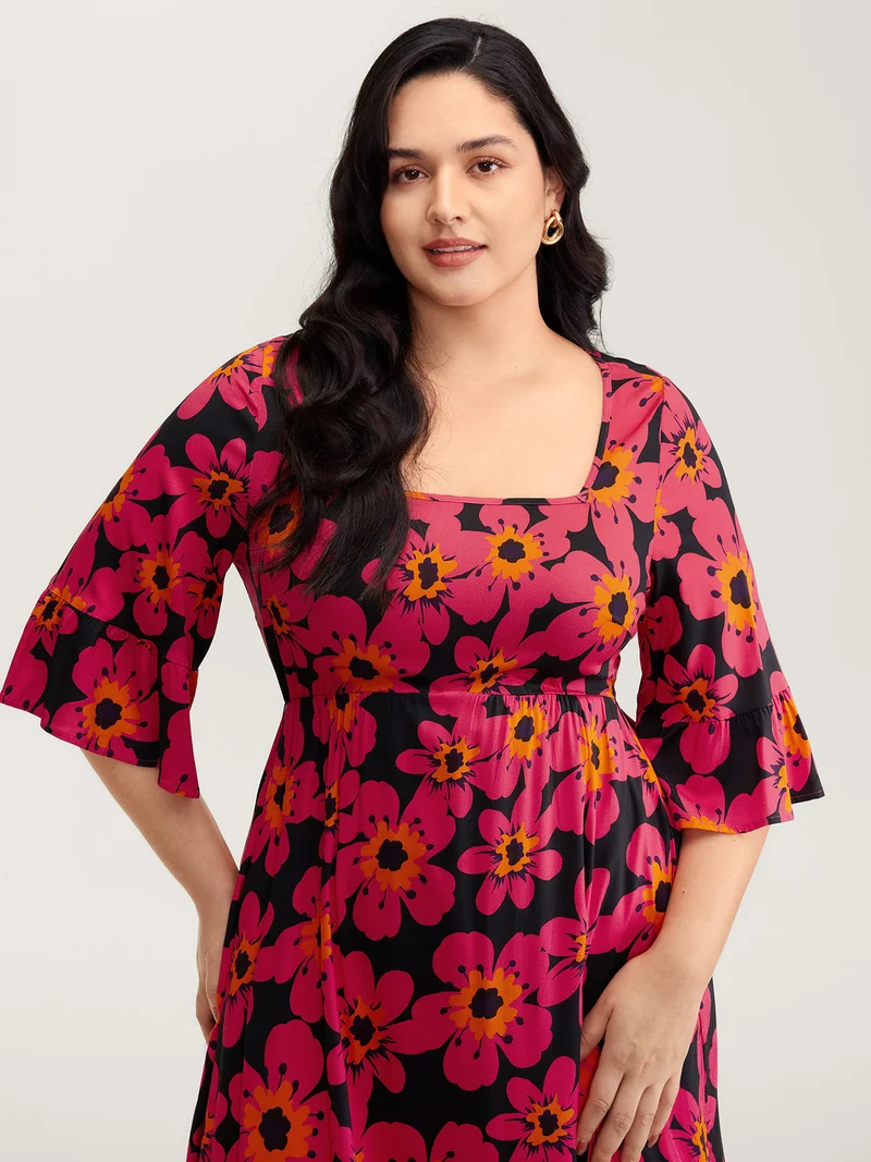 Floral Print Square Neck Pockets Maxi Dress